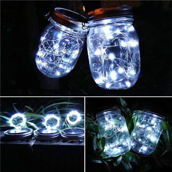 Solar Mason Jar Lights, 8 Pack 15 LED Waterproof Fairy Firefly Jar Lids String - Picture 4 of 7